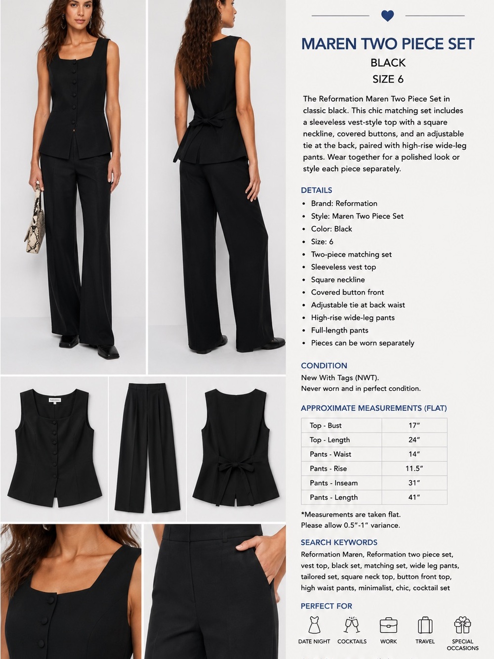 Reformation Maren Black Two Piece Vest Wide Leg Pant Set Size 6